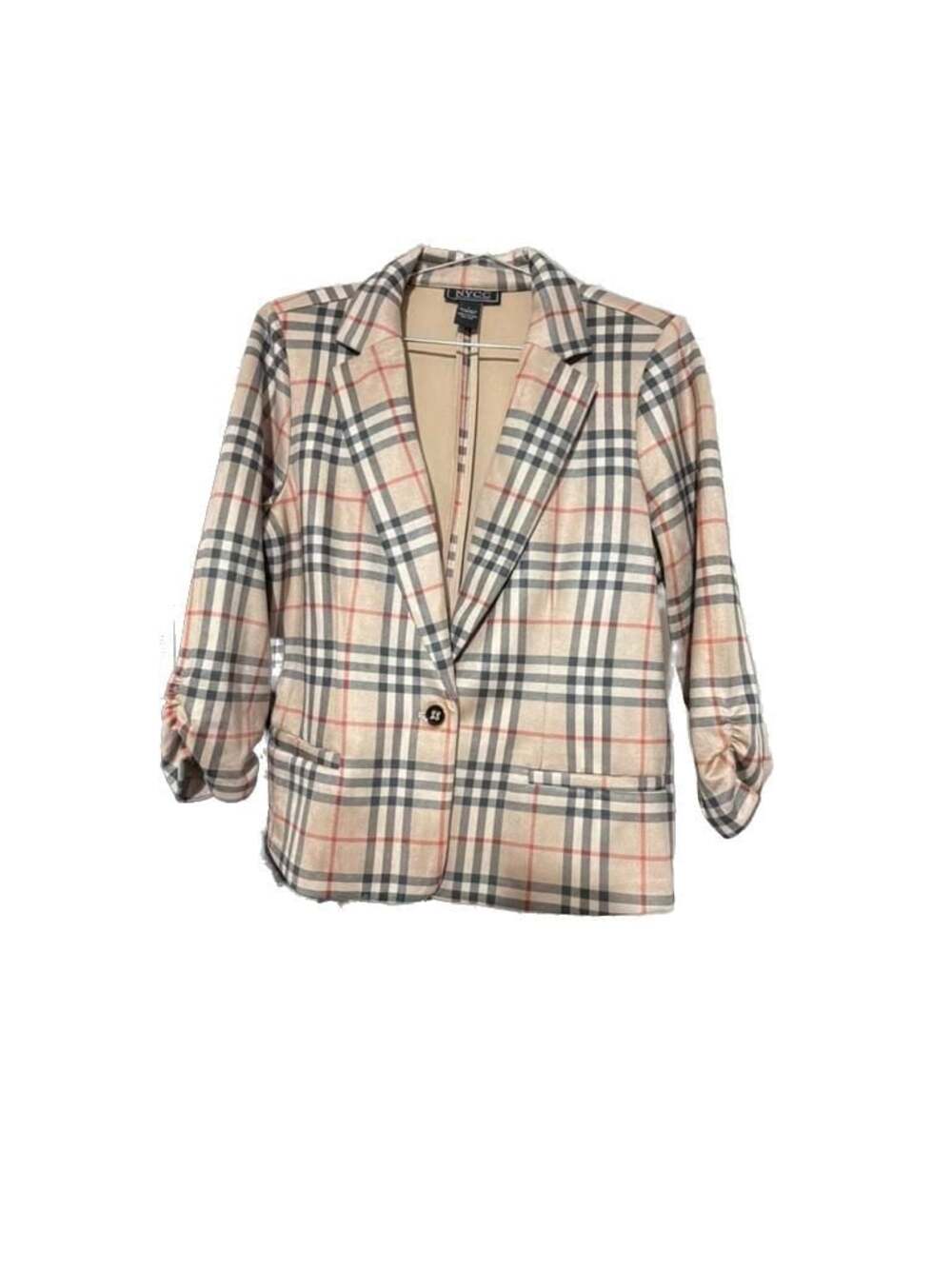 NYCC Women's Plaid Check Print Ruched Sleeve Blazer Jacket